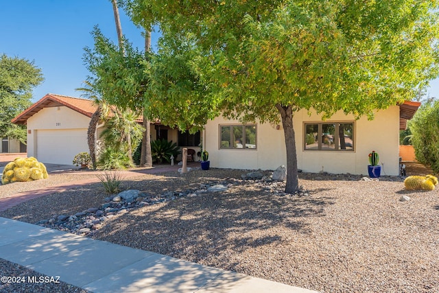 view of property hidden behind natural elements with a garage