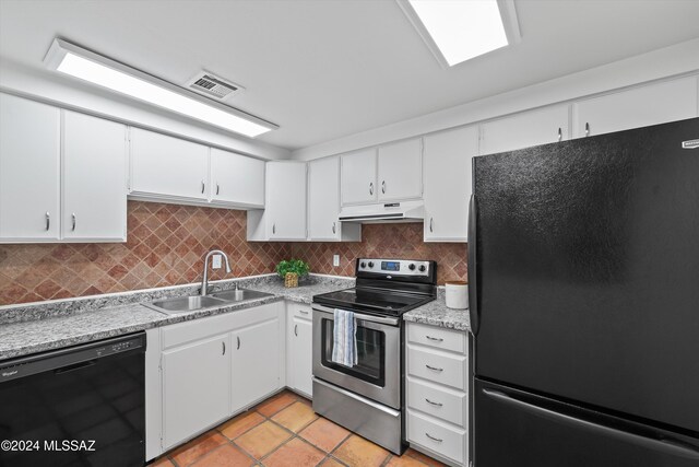 kitchen with backsplash, white cabinetry, sink, and black appliances