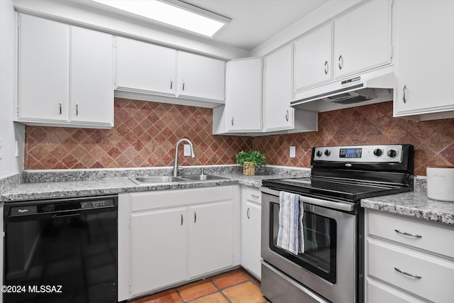 kitchen with stainless steel electric range, black dishwasher, decorative backsplash, white cabinets, and sink