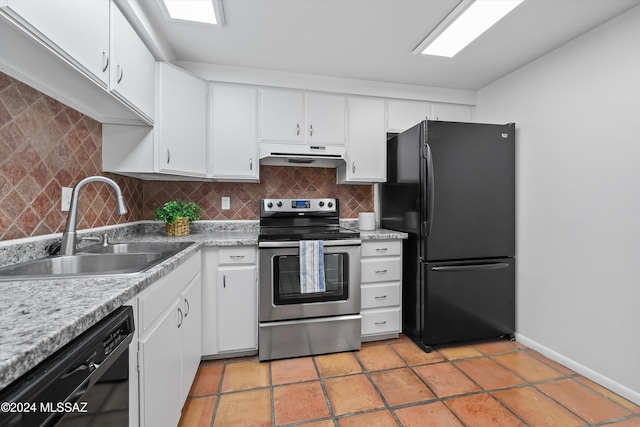 kitchen featuring black appliances, tasteful backsplash, white cabinetry, and sink