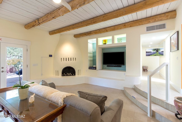 tiled living room with beamed ceiling and wood ceiling