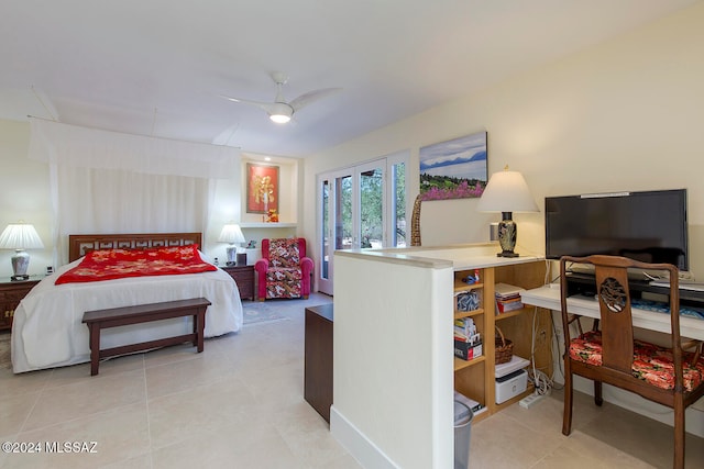 bedroom featuring light tile patterned floors and ceiling fan