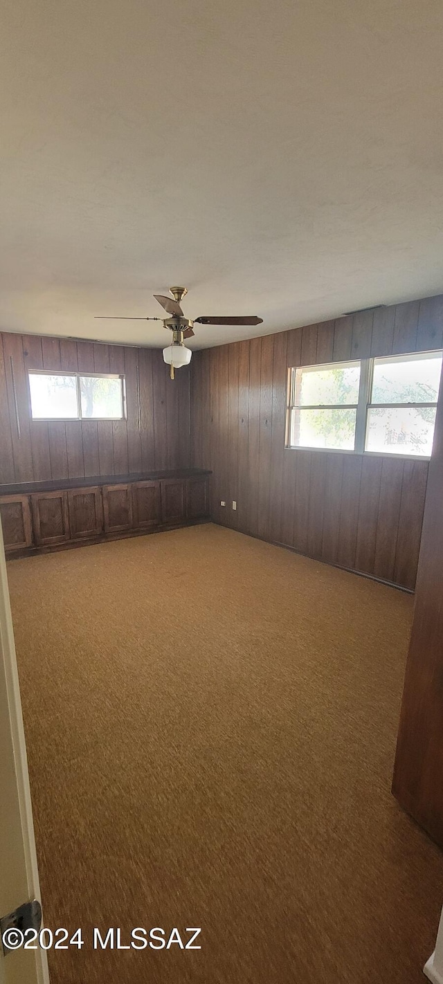 basement with carpet floors and ceiling fan