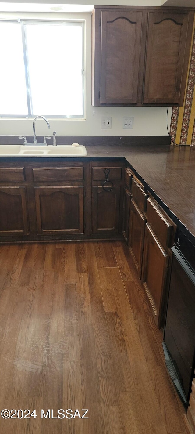 kitchen with sink, dark brown cabinetry, and dark hardwood / wood-style flooring