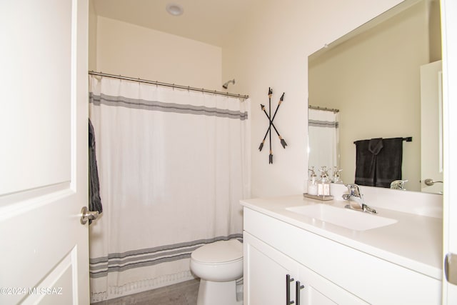 full bathroom featuring toilet, a shower with curtain, and vanity