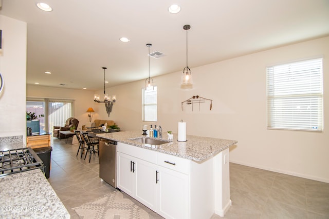 kitchen with recessed lighting, visible vents, stainless steel dishwasher, white cabinets, and a sink