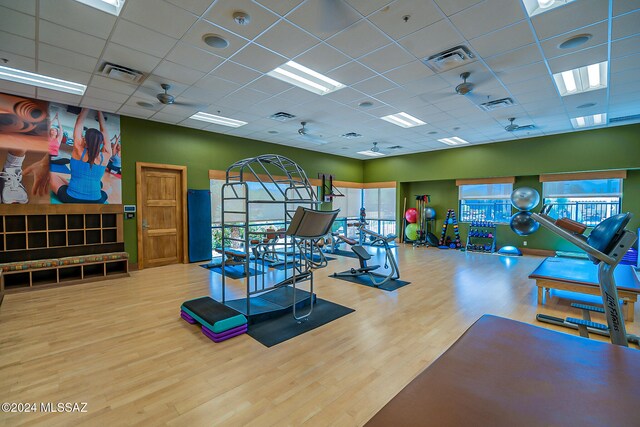 exercise room with ceiling fan, wood-type flooring, and a paneled ceiling