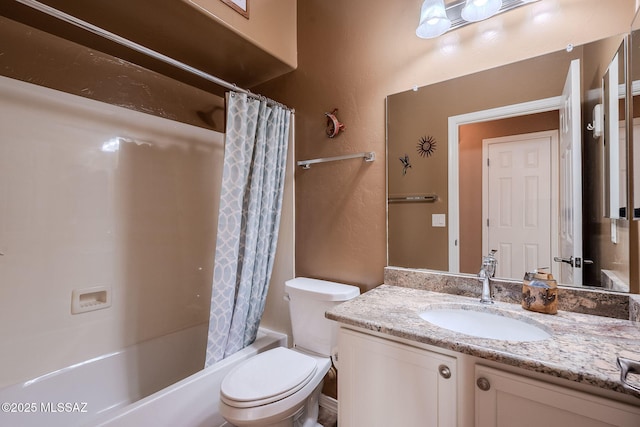 full bathroom with shower / bath combo, toilet, and vanity