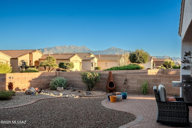 view of yard featuring a fenced backyard, a patio, and a mountain view