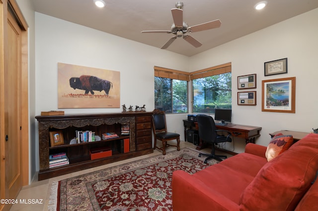home office with a ceiling fan and recessed lighting