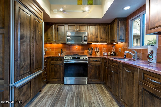 kitchen with stone counters, a raised ceiling, sink, wood-type flooring, and stainless steel appliances