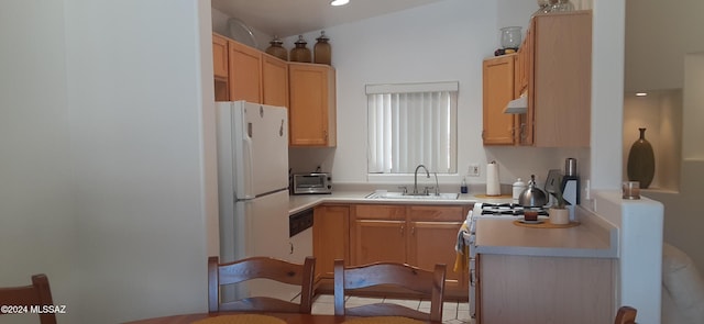 kitchen with light brown cabinets, white refrigerator, and sink