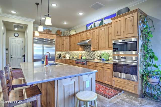 kitchen with sink, decorative backsplash, an island with sink, appliances with stainless steel finishes, and decorative light fixtures