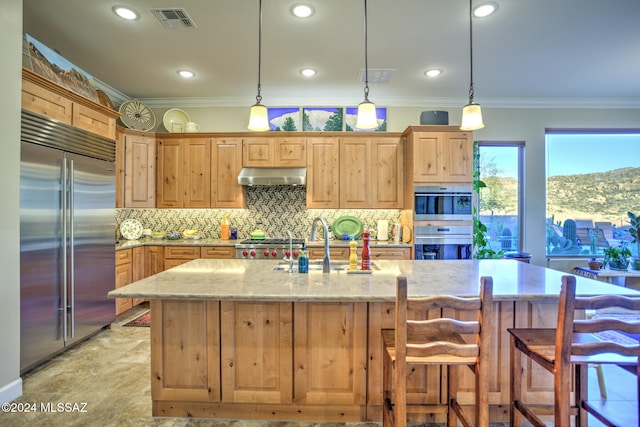 kitchen featuring pendant lighting, crown molding, sink, decorative backsplash, and appliances with stainless steel finishes