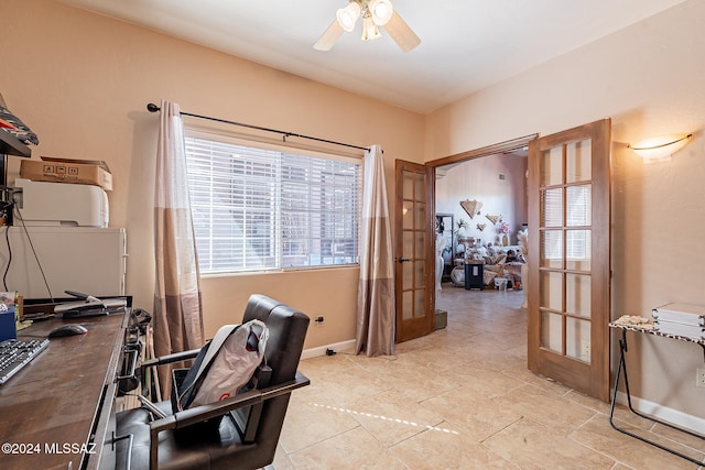 office area with ceiling fan and french doors