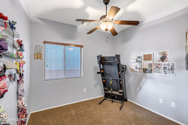 interior space with ceiling fan and carpet floors