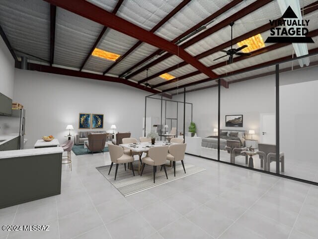 dining room featuring high vaulted ceiling, ceiling fan, beam ceiling, and light tile patterned floors