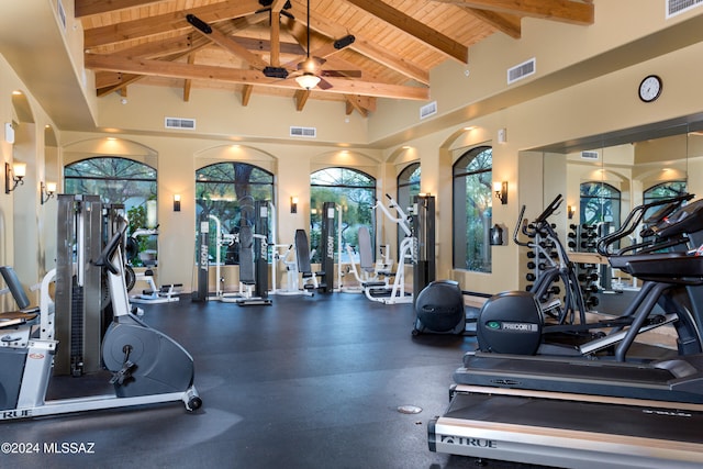 exercise room with wooden ceiling, ceiling fan, and high vaulted ceiling