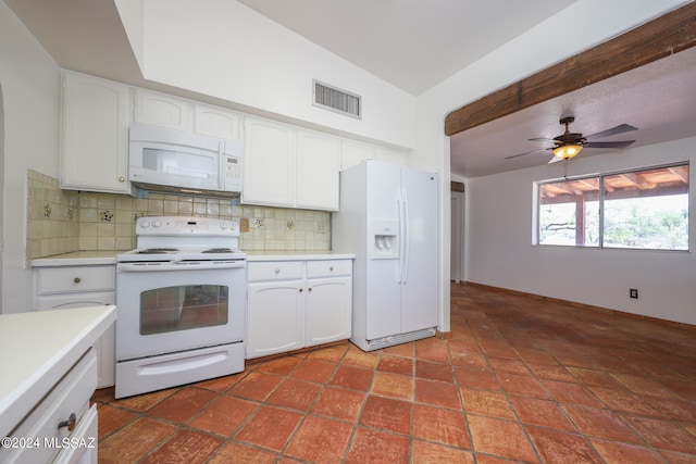 kitchen with white appliances, white cabinetry, ceiling fan, and backsplash