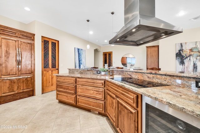 kitchen featuring light stone counters, wine cooler, light tile patterned flooring, black electric cooktop, and island range hood