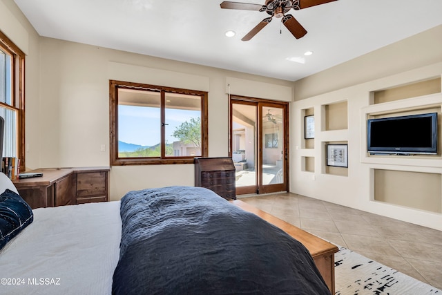 bedroom with light tile patterned floors, recessed lighting, a ceiling fan, and access to exterior