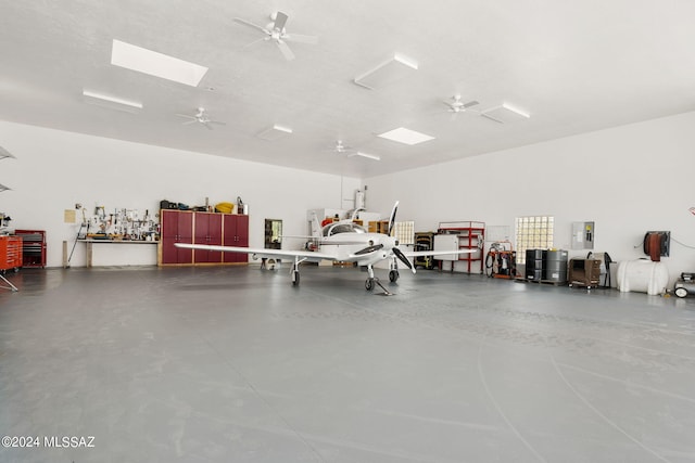 garage with ceiling fan and electric panel