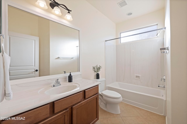 full bathroom featuring toilet, vanity, shower / tub combination, and tile patterned floors