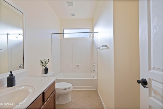 full bathroom with tile patterned flooring, washtub / shower combination, toilet, and vanity