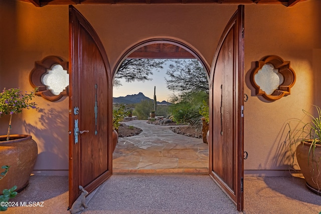 foyer entrance with a mountain view and light carpet