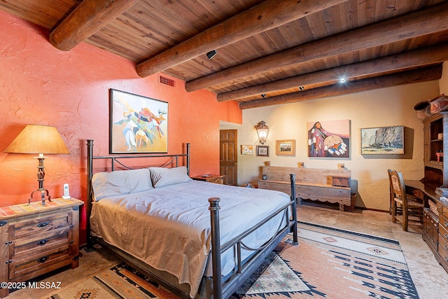 bedroom with beamed ceiling and wood ceiling