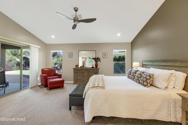 carpeted bedroom featuring ceiling fan, access to exterior, and vaulted ceiling