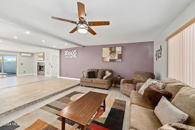 living room featuring beamed ceiling, ceiling fan, and a wall unit AC