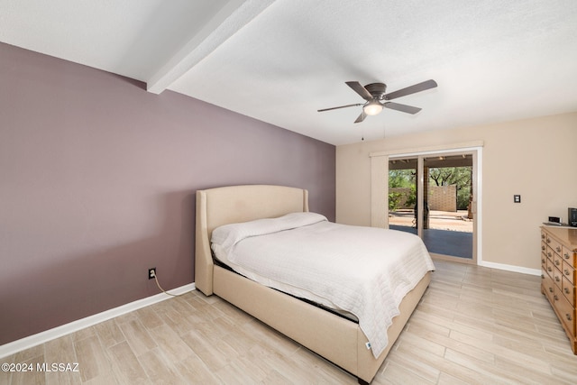 bedroom with access to outside, ceiling fan, light hardwood / wood-style floors, and beam ceiling