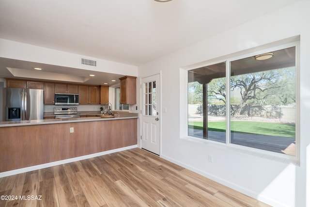 kitchen featuring light wood-type flooring, stainless steel appliances, and kitchen peninsula