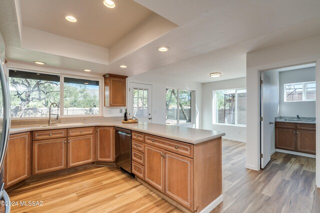 kitchen with sink, kitchen peninsula, a tray ceiling, stainless steel dishwasher, and light hardwood / wood-style flooring