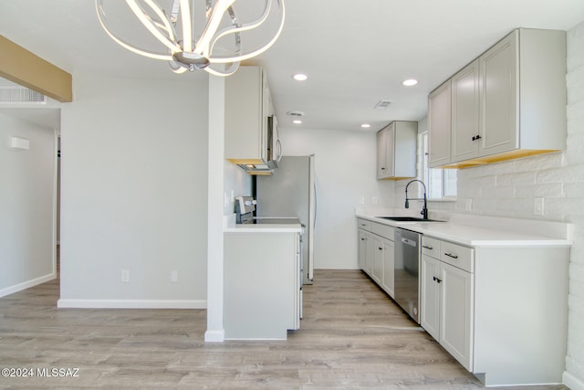 kitchen featuring sink, light wood-type flooring, appliances with stainless steel finishes, a notable chandelier, and white cabinetry