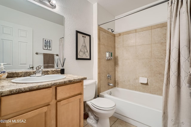 full bathroom with toilet, vanity, shower / bath combination with curtain, and tile patterned flooring