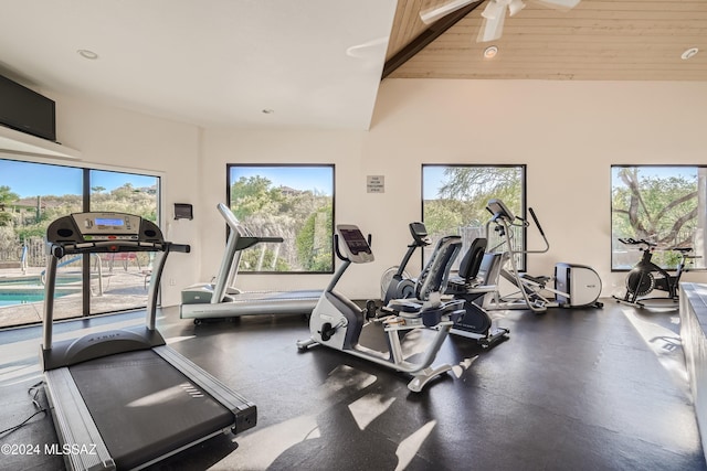 gym featuring plenty of natural light, lofted ceiling, ceiling fan, and wood ceiling