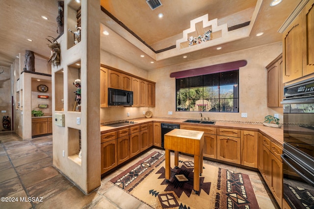 kitchen featuring sink, black appliances, and a raised ceiling