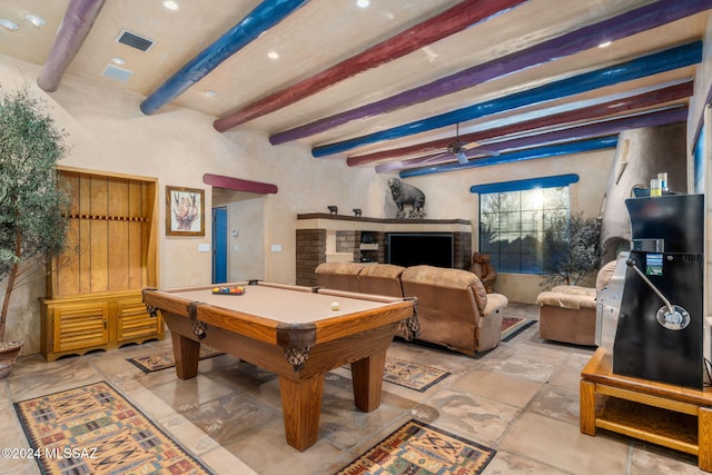 game room featuring a brick fireplace, billiards, beamed ceiling, and ceiling fan