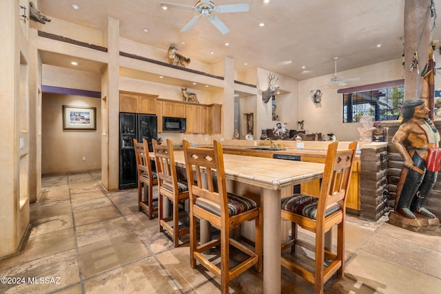 dining area featuring sink and ceiling fan