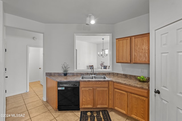 kitchen with dishwasher, dark countertops, brown cabinets, a sink, and light tile patterned flooring