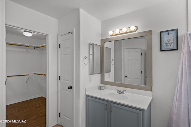 bathroom featuring a spacious closet, wood finished floors, and vanity