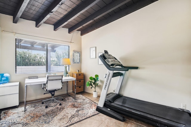 tiled home office featuring wooden ceiling and vaulted ceiling with beams