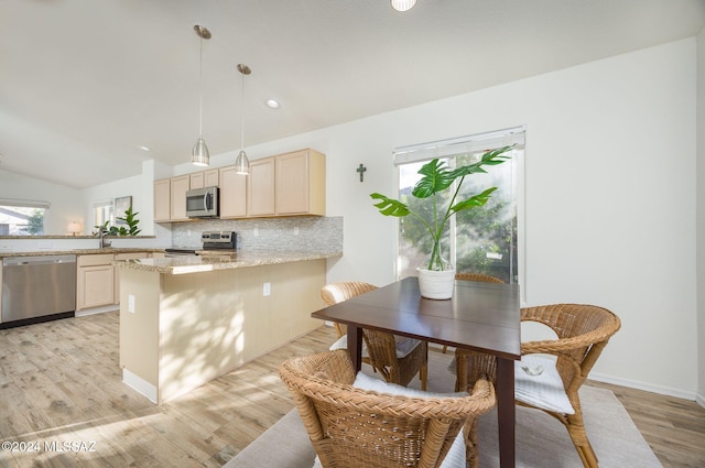 kitchen featuring kitchen peninsula, a healthy amount of sunlight, light wood-type flooring, and appliances with stainless steel finishes