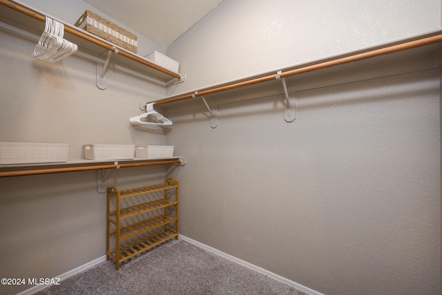 walk in closet with carpet and lofted ceiling