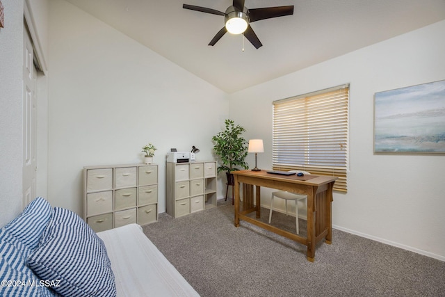 bedroom featuring carpet floors, ceiling fan, and lofted ceiling