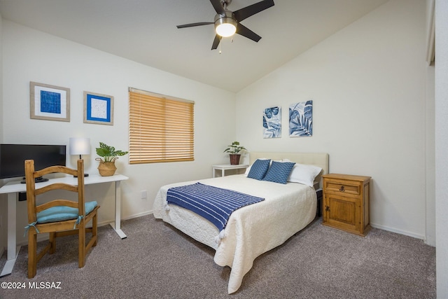 bedroom featuring carpet floors, lofted ceiling, and ceiling fan