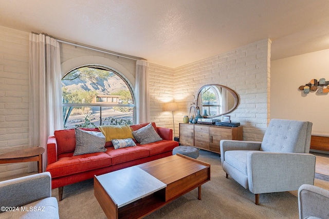 carpeted living room with brick wall and a textured ceiling