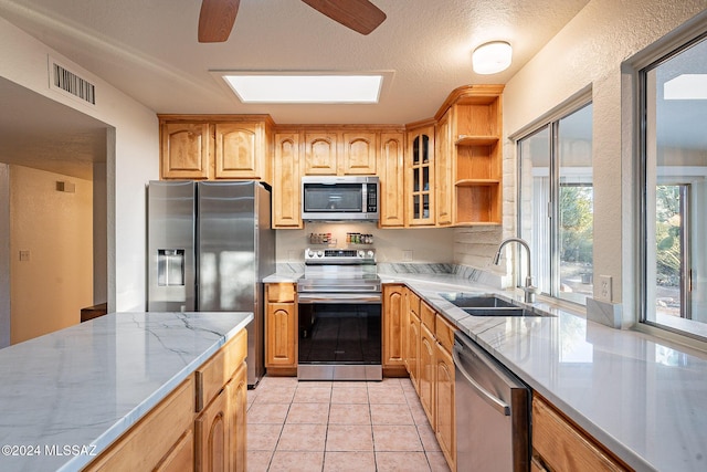 kitchen with stainless steel appliances, a sink, visible vents, open shelves, and glass insert cabinets